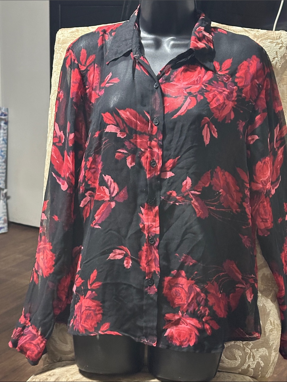Sheer Black Button-Down Blouse with Red Rose Print